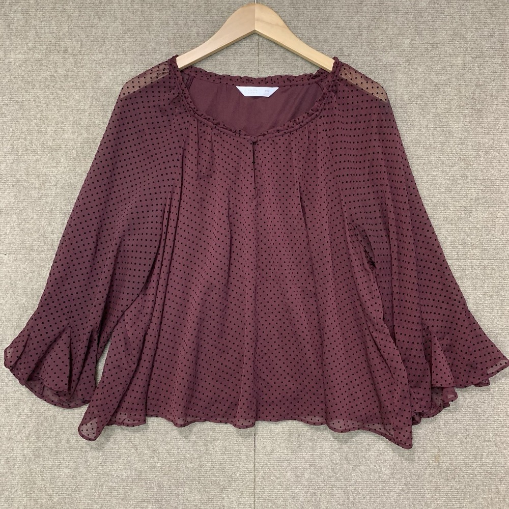 Women's Blouse PXL Flocked Dot Flare Bell Sleeve Prairie Chic Dark Romantic
